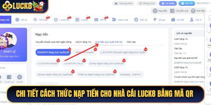 Chi tiết cách thức nạp tiền cho nhà cái Luck8 bằng mã QR 